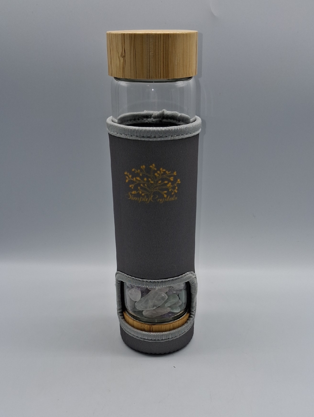 Gray Glass Water Bottle with Bamboo Lid and Crystal Chamber